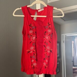 Red Floral Embroidered Tank Top
